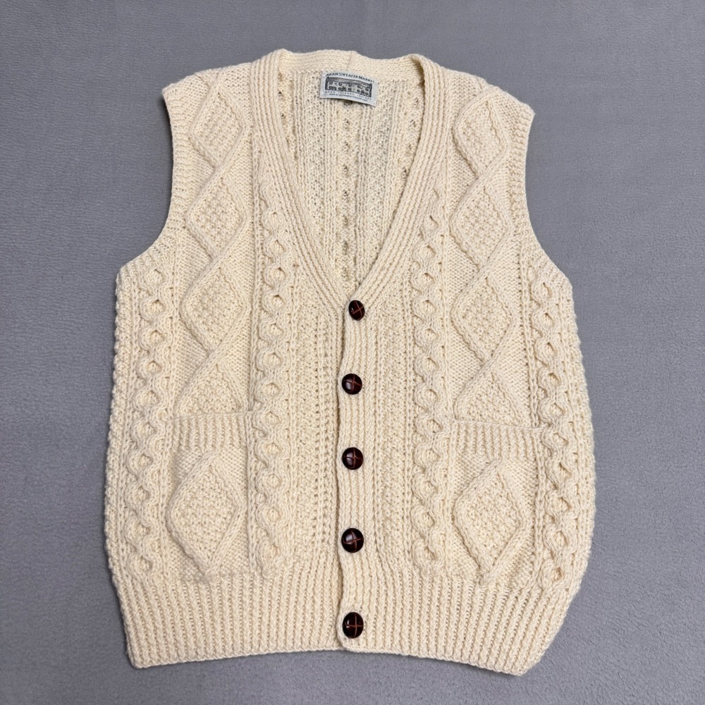 Aran Sweater Market Cardigan Vest Mens M Cream Wool Cable Knit Irish‎ Fisherman